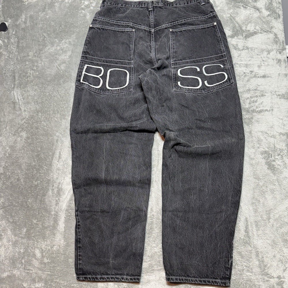 Vintage 90s Boss IG Design Baggy Embroidered Jeans Black Rave 37x34 Wide